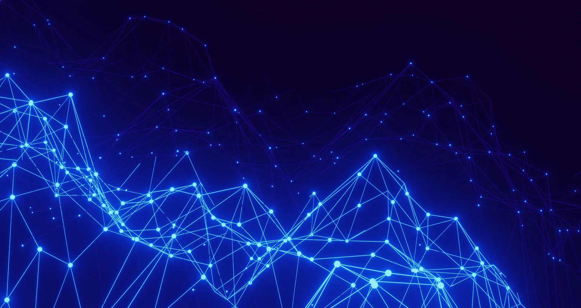 Glowing blue network of connected nodes and lines on a dark background, representing how artificial intelligence works