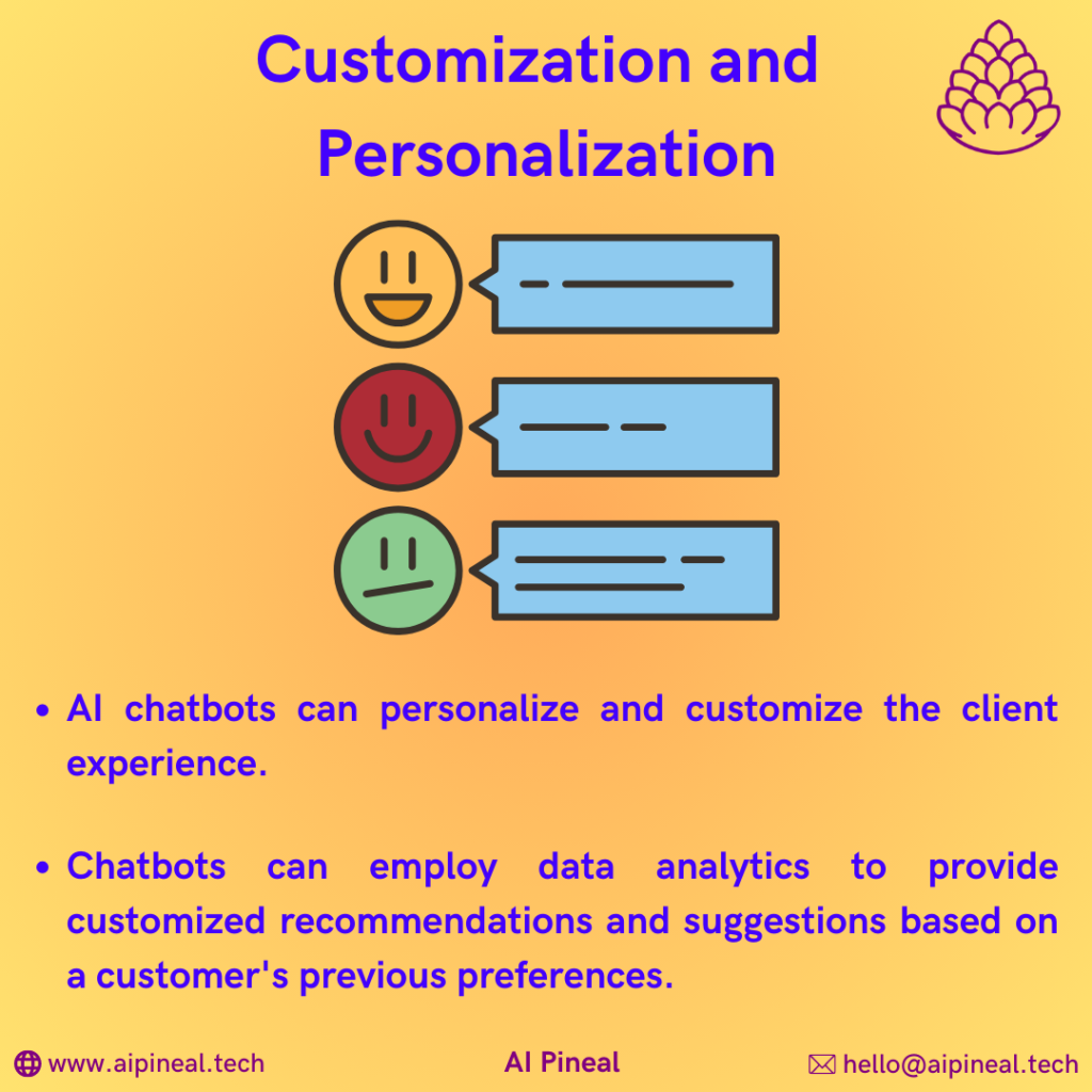 AI chatbots can personalize and customize the client experience. Chatbots can employ data analytics to provide customized recommendations and suggestions based on a customer's previous purchases, preferences, and behaviors, which can help to strengthen client ties and encourage repeat business.