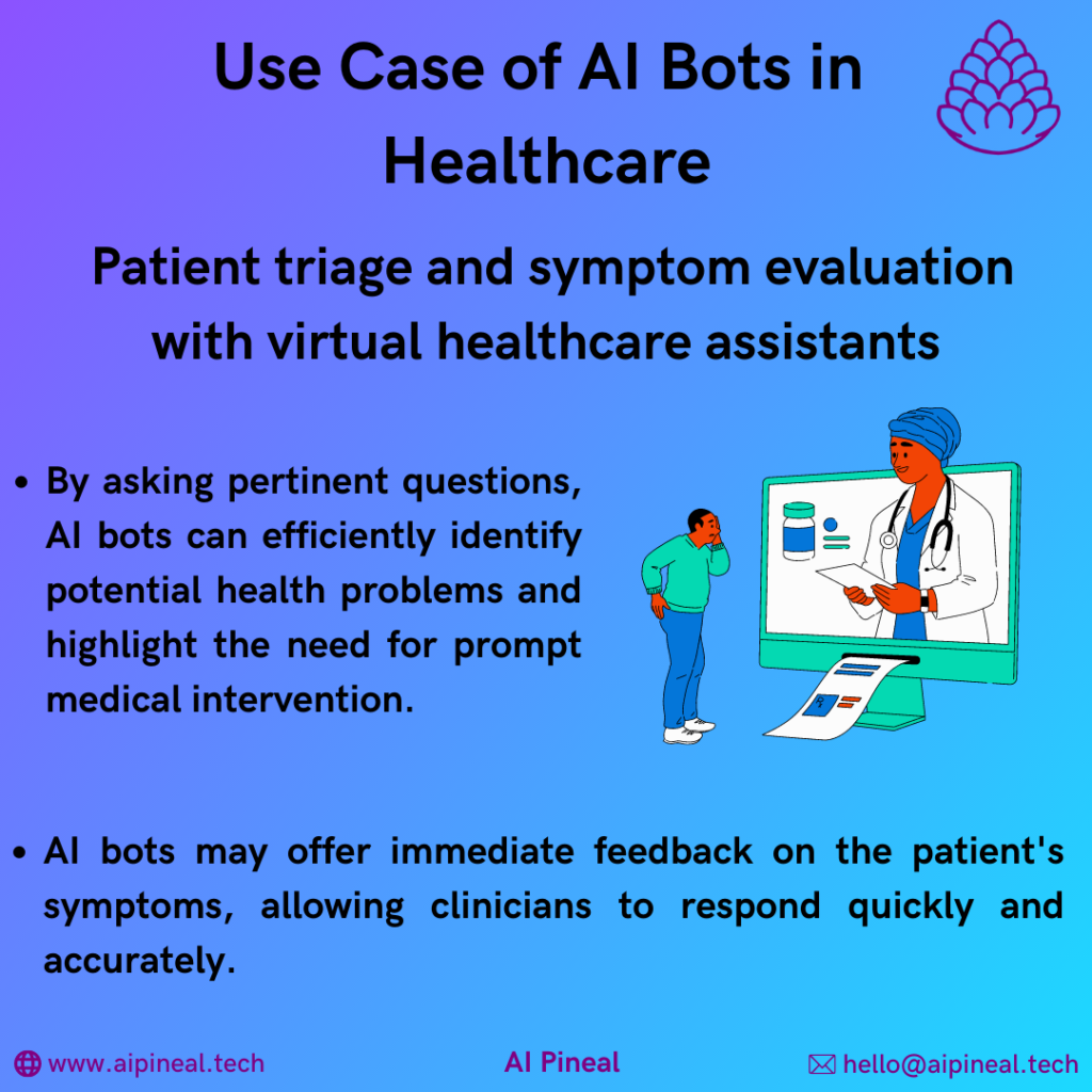 By asking pertinent questions, AI bots can efficiently identify potential health problems and highlight the need for prompt medical intervention. AI bots may offer immediate feedback on the patient's symptoms, allowing clinicians to respond quickly and accurately. 