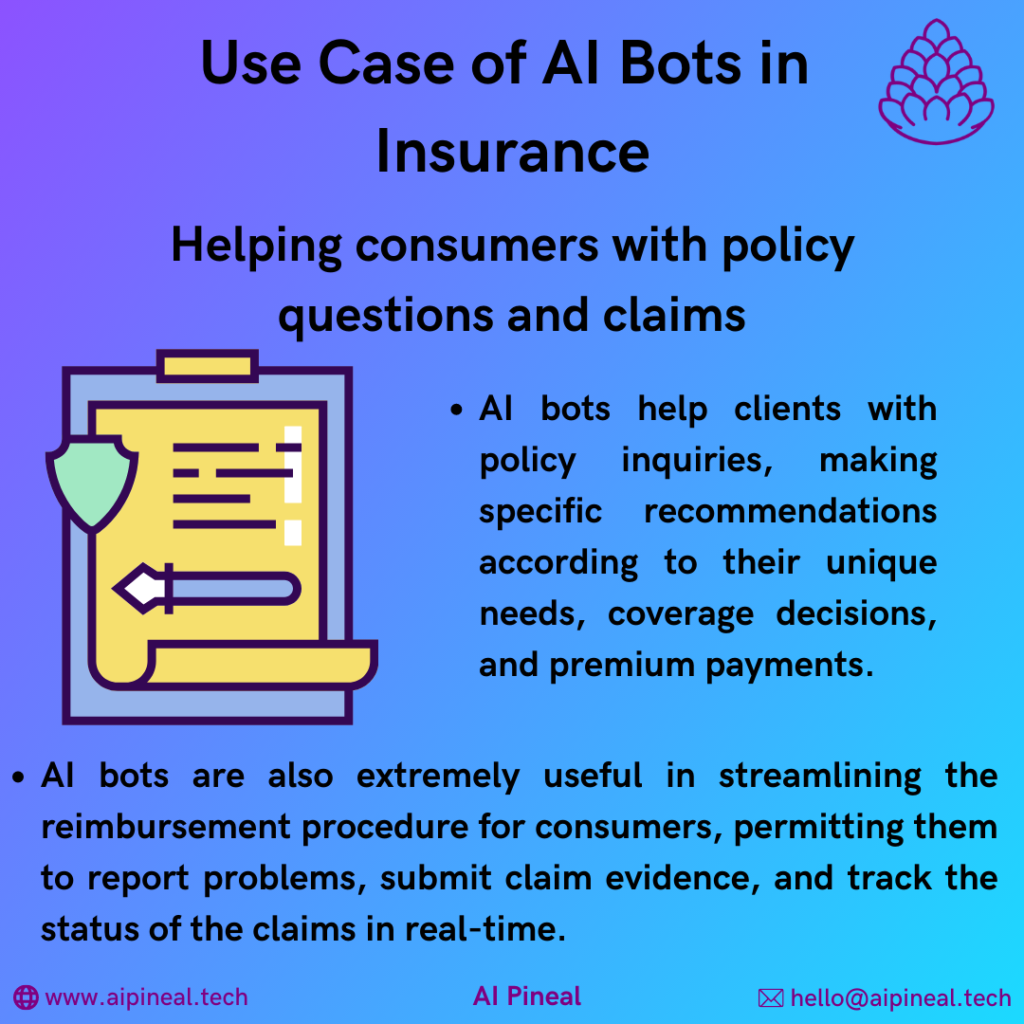 AI bots use cases in Insurance help clients with policy inquiries, making specific recommendations according to their unique needs, coverage decisions, and premium payments. AI bots are also extremely useful in streamlining the reimbursement procedure for consumers, permitting them to report problems, submit claim evidence, and track the status of the claims in real-time. 