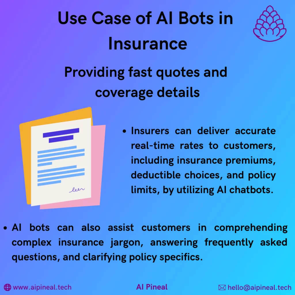 Insurers can deliver accurate real-time rates to customers, including insurance premiums, deductible choices, and policy limits, by utilizing AI chatbots. AI bots can also assist customers in comprehending complex insurance jargon, answering frequently asked questions, and clarifying policy specifics. 