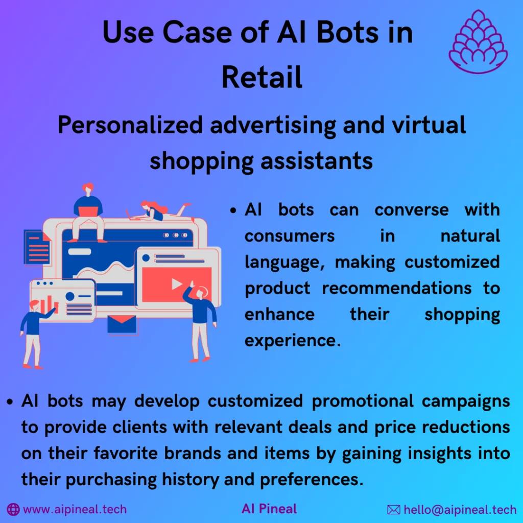 AI bots can converse with consumers in natural language, making customized product recommendations and ideas to enhance their shopping experience. AI bots may develop customized promotional campaigns to provide clients with relevant deals and price reductions on their favorite brands and items by gaining insights into their purchasing history and preferences. 